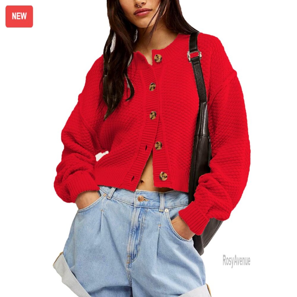 Cropped Cardigan Button Front Long Sleeve Sweater Relaxed Fit Casual Chic